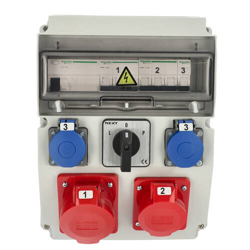 Rozdzielnica budowlana erbetka wyposażona ASTAT 395 Plus IP65 32A/5P, 16A/5P, 2x230V SCHUKO IP44, IK08, L-O-P(32A), wyłączniki...