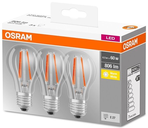 Zestaw <span class="keyword" >żar</span>ówek 3x FILAMENT E27 6,5W 2700K 806lm Osram