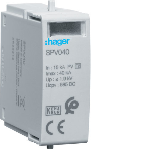 Ogranicznik przepięć SPD Moduł T2 MOV 1P PV In=15kA Imax=40kA Up≤1,9kV Uc=585VDC do fotowoltaiki SPV040 Hager