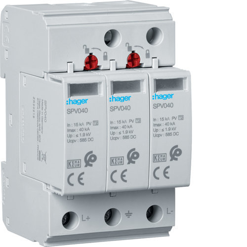 Ogranicznik przepięć SPD T2 MOV 3P PV do fotowoltaiki In=15kA Up≤3,7 kV Ue=1kVDC SPV340 Hager