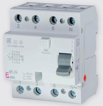 Wyłącznik różnicowoprądowy 4P 40A 0,03mA typ AC 6kA 002061652 ETI