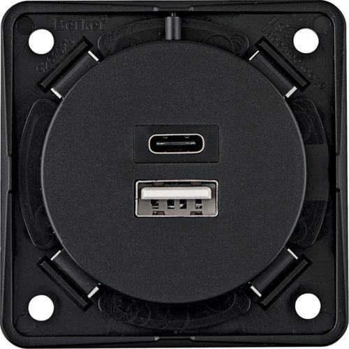 Integro Gniazdo USB ładowania podwójne A+C, 230V, 3.0 A. antracyt mat Berker 926202505