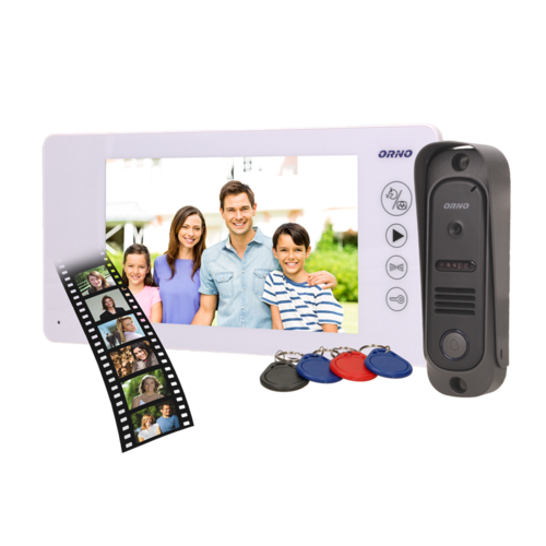 Zestaw wideodomofonowy kolor, 7" LCD, pin hole, pamięć,  brelok zbliżeniowy, biały, ARCUS RFID Orno OR-VID-JS-1053/W