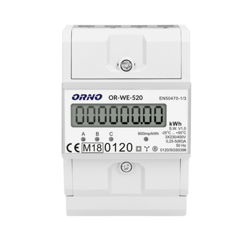 3-fazowy licznik energii elektrycznej, 80A, MID, 3 moduły, DIN TH-35mm Orno OR-WE-520