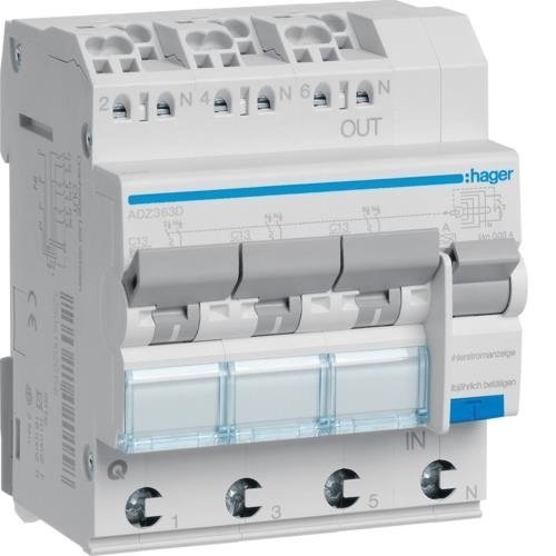 RCBO Wyłącznik różnicowoprądowy z członem nadprądowym 3x1P+N 6kA C 13A/30mA Typ A QC/QBB Hager ADZ363D
