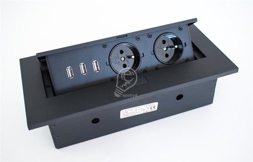 Gniazda wpuszczane w blat 2x2P+Z, 3xUSB z grubym rantem, czarne , Orno OR-AE-1324/B