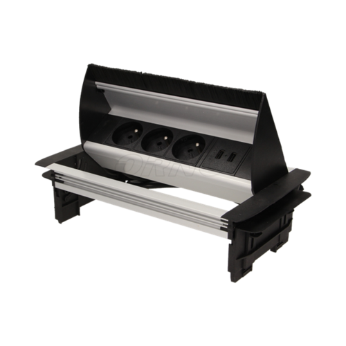 Gniazdo wpuszczane w blat 3x2P+Z ze szczotką przeciwkurzową, ładowarką USB i przewodem 1,8m, Orno OR-AE-1362