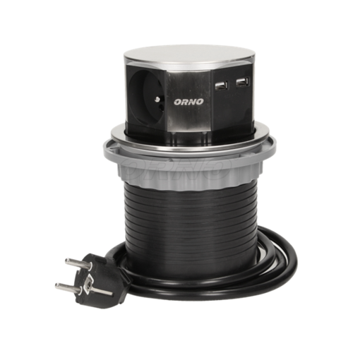 Gniazdo meblowe, wysuwane z blatu 3x2P+Z z ładowarką USB i przewodem 1,5m, OR-AE-1381 INOX Orno