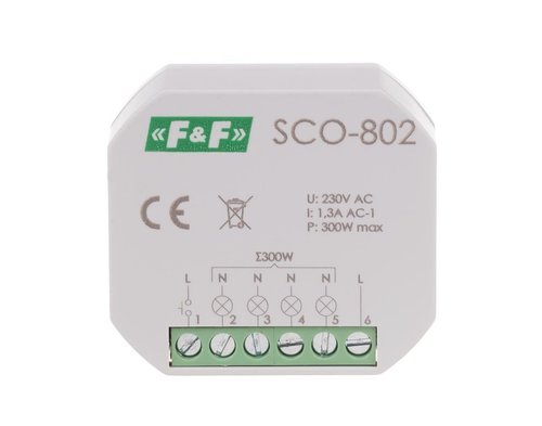 Ściemniacz oświetlenia z "pamięcią" ustawień natężenia oświetlenia, P=300W, montaż w puszce 60, SCO-802, F&F