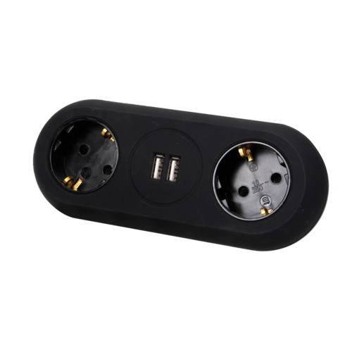Gniazdo meblowe z uchwytem montażowym, ładowarką USB, 2 gniazda 2P+Z (Schuko), 2xUSB, przewód 3x1,5mm² - 1,4m, czarne