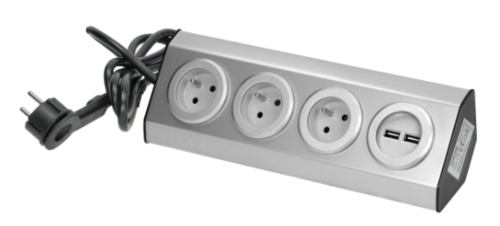 Gniazdo meblowe, kuchenne z ładowarką USB, montowane na rzepy z przewodem 1,5m - 3x2P+Z, 2xUSB, INOX z przewodem 1,5m.