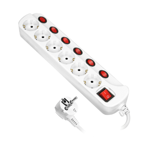 Listwa zasilająca "Multiswitch", 6 gniazd 2P+Z (Schuko), kabel 3x1,5mm2, długość 1,5m, z wyłącznikami podświetlanymi:...