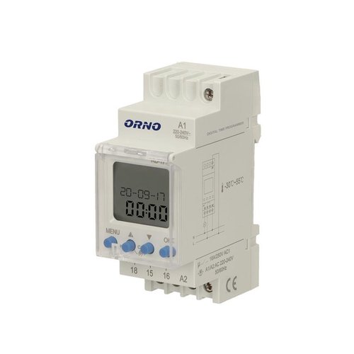 Elektroniczny programator czasowy, 100 programów, 3 języki menu, 2 wyjśćia przekaźnikowe 16A/230V, szerokość 2 moduły...