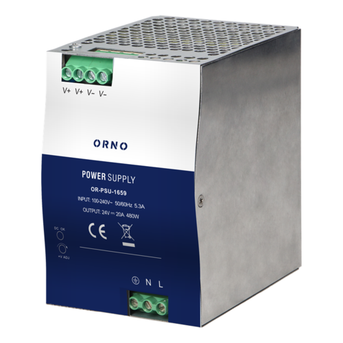 Zasilacz  przemysłowy na szynę DIN, 24VDC 20A 480W, obudowa metalowa