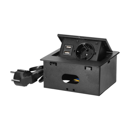 Gniazdo meblowe wpuszczane w blat z płaskim frezowanym rantem, ładowarką USB i przewodem 1,5m, 1x2P+Z (Schuko), 2xUSB...