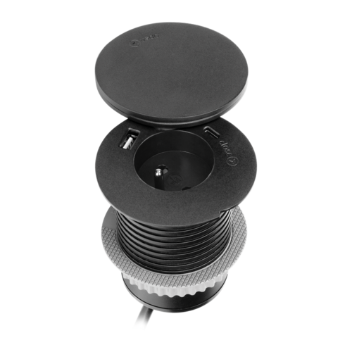 Gniazdo meblowe Ø6cm z rotacyjną pokrywą, ładowarką indukcyjną, ładowarką USB i przewodem 1,5m, 1x2P+Z, Qi 1.2.4...